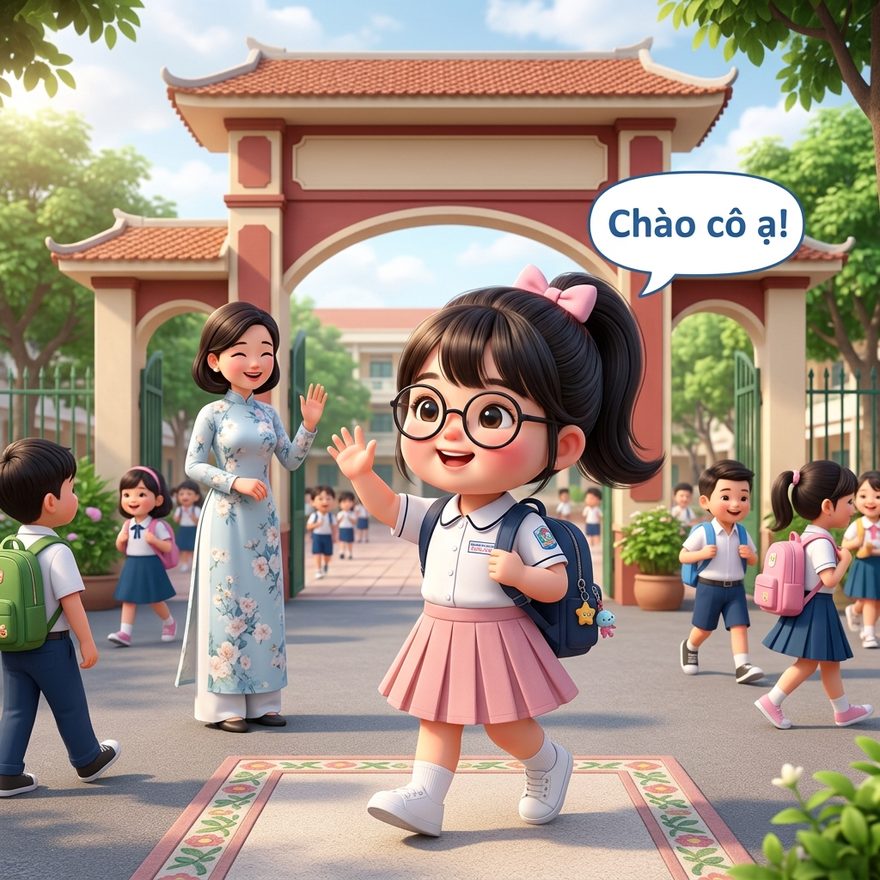 Buổi sáng đến trường — bé chào cô giáo thật tươi.