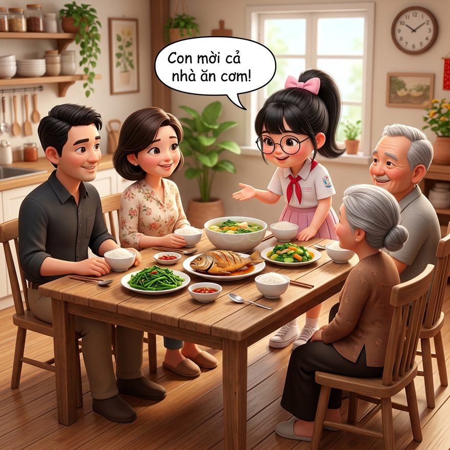 Trước bữa cơm, bé mời ông bà bố mẹ ăn trước.