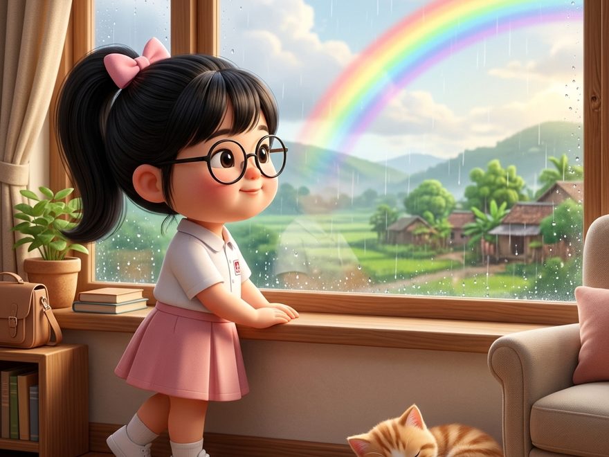 Bé đứng bên cửa sổ ngắm cầu vồng sau cơn mưa