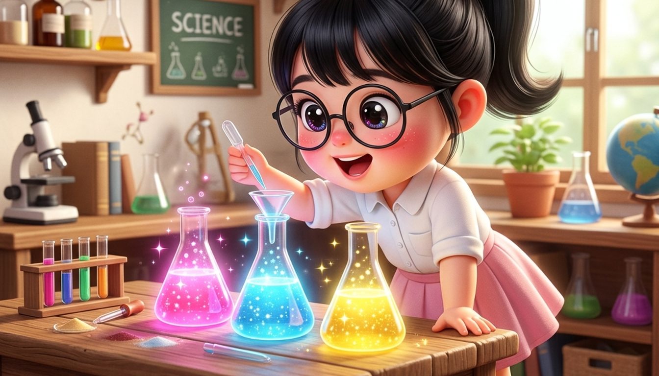 Bé Tú Anh mắt sáng long lanh nhỏ dung dịch màu vào bình thí nghiệm trong phòng học