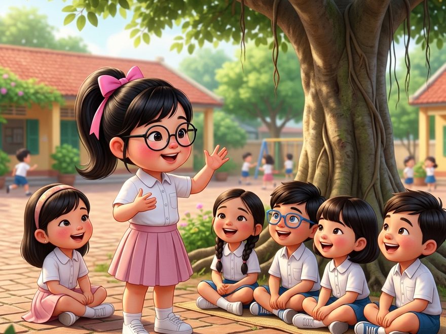 Bé đứng kể chuyện dưới gốc đa, các bạn ngồi quanh nghe chăm chú
