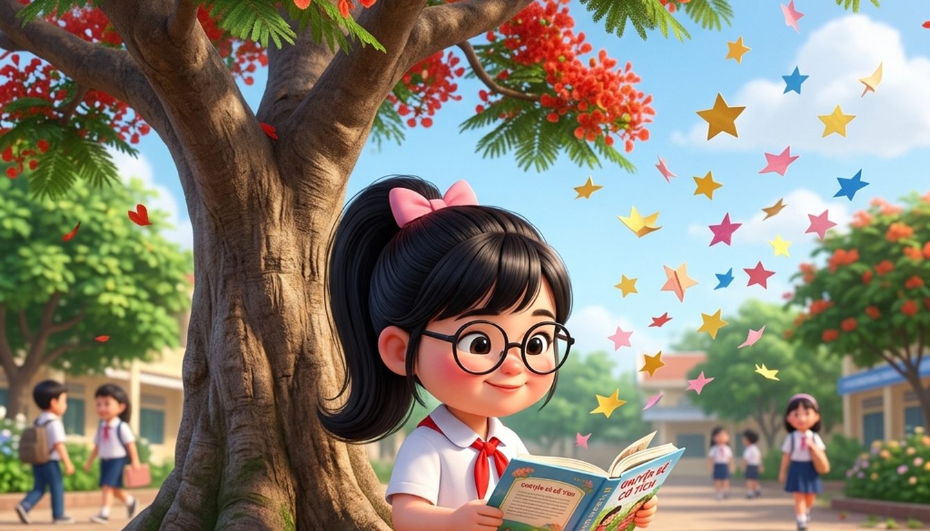 Bé Tú Anh ngồi đọc sách dưới gốc cây phượng đỏ trong sân trường