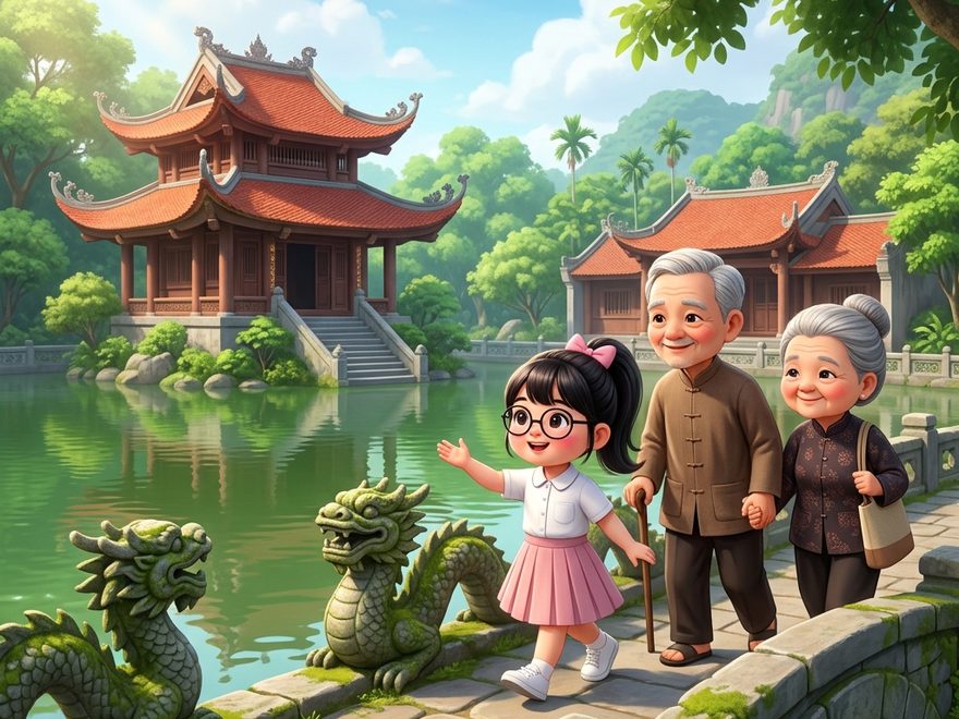 Bé cùng ông bà đi bộ quanh khu di tích chùa cổ với hồ và cầu đá rồng
