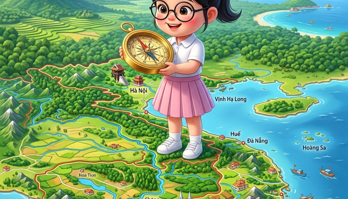 Bé Tú Anh ôm la bàn đứng trên bản đồ Việt Nam có ghi Hà Nội, Vịnh Hạ Long, Huế, Đà Nẵng và Hoàng Sa