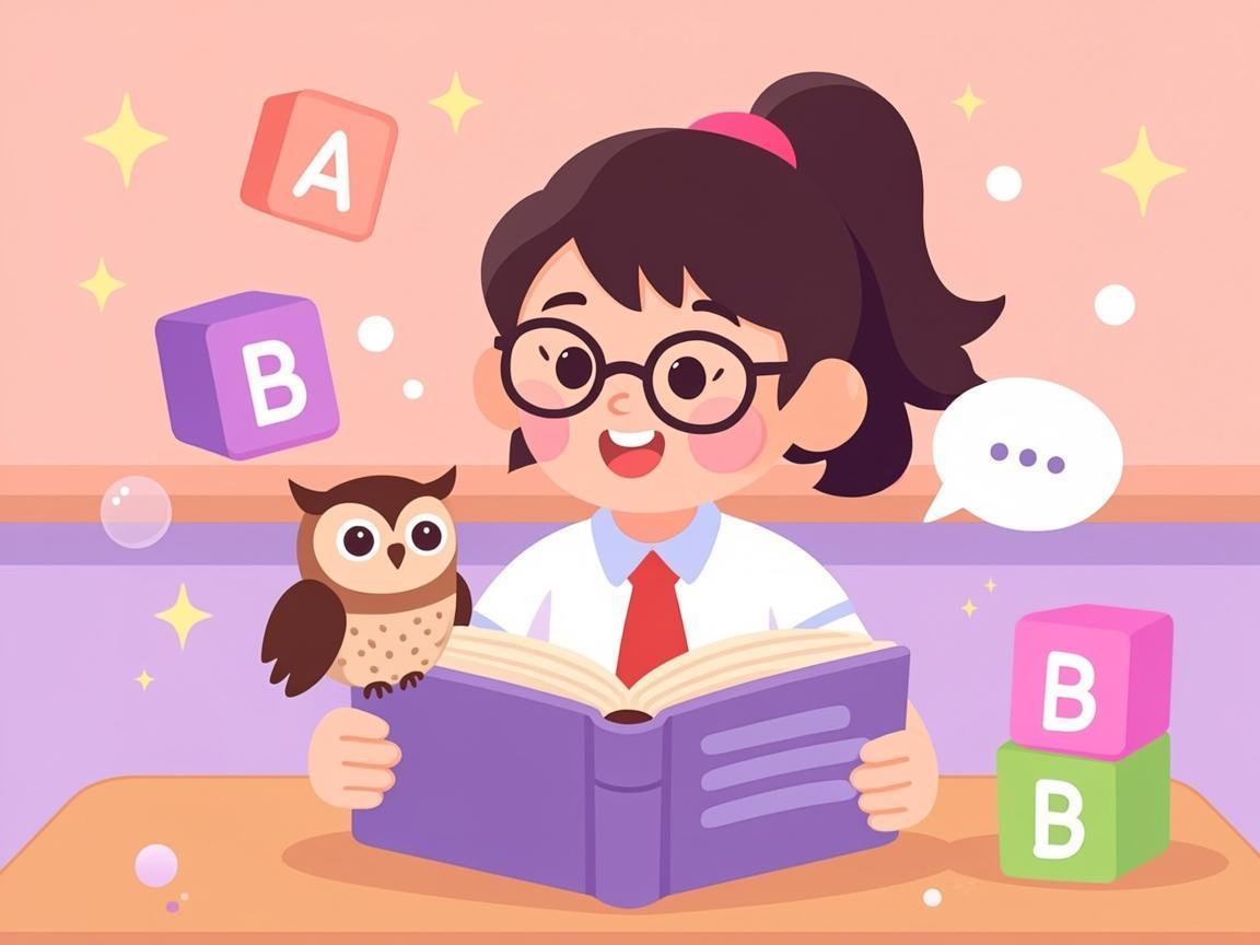Bé gái đeo kính đọc sách với chú cú nhỏ, khối chữ ABC bay lơ lửng