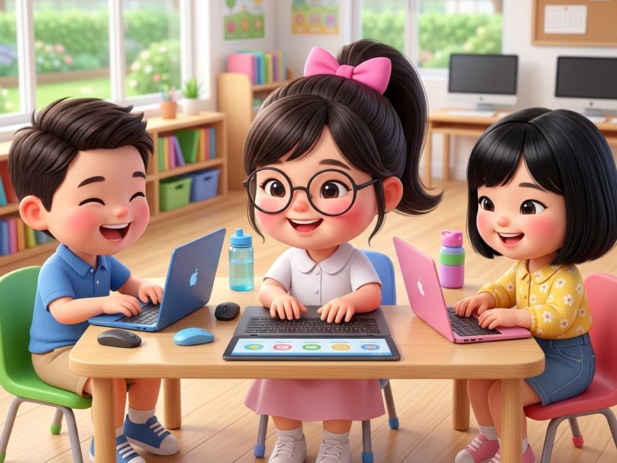 Bé cùng hai bạn ngồi bàn học, ba máy tính mở sẵn để ghép khối lệnh lập trình