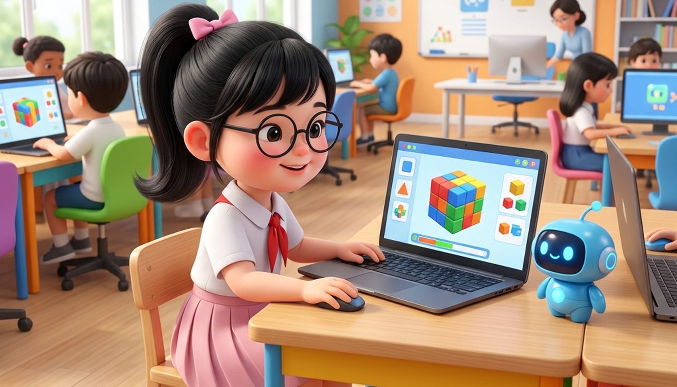 Bé Tú Anh ngồi lớp tin học, máy hiện khối lệnh lập trình hình khối màu và robot xanh bên cạnh