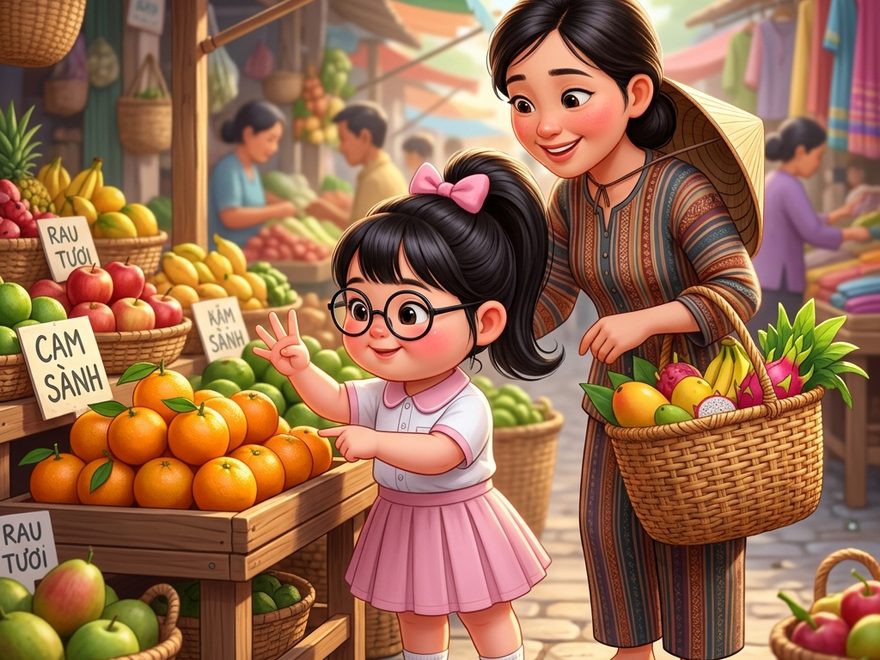 Bé đếm cam ở quầy trái cây, mẹ đứng cạnh cầm giỏ đầy rau quả ở chợ
