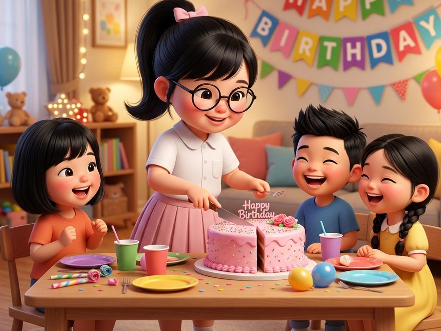 Bé cắt bánh sinh nhật chia đều cho các bạn cùng ăn trong buổi tiệc