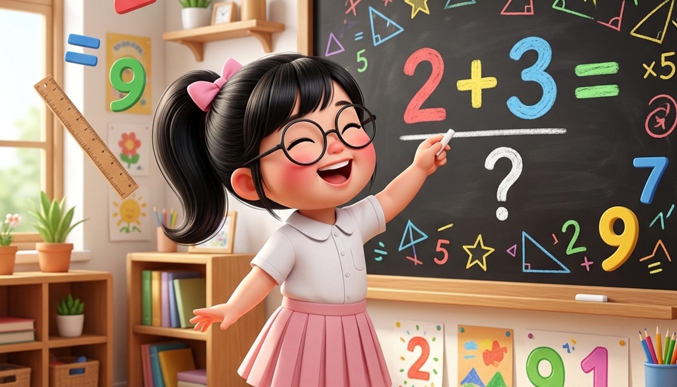 Bé Tú Anh vui vẻ viết phép tính 2 + 3 bằng phấn lên bảng đen trong lớp học