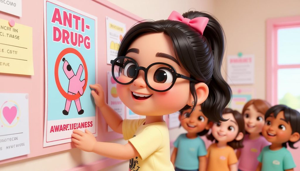 Học sinh dán poster tuyên truyền phòng chống ma túy lên bảng tin trường